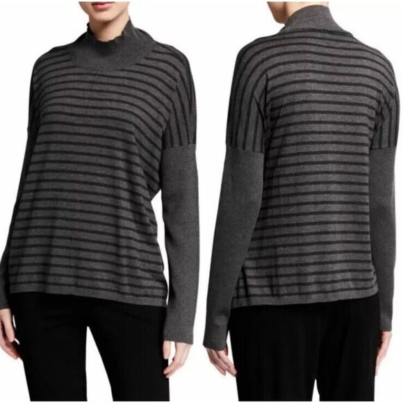 Eileen Fisher Size XS Striped Lyocell Blend Knit Mock Neck Sweater - Picture 1 of 5